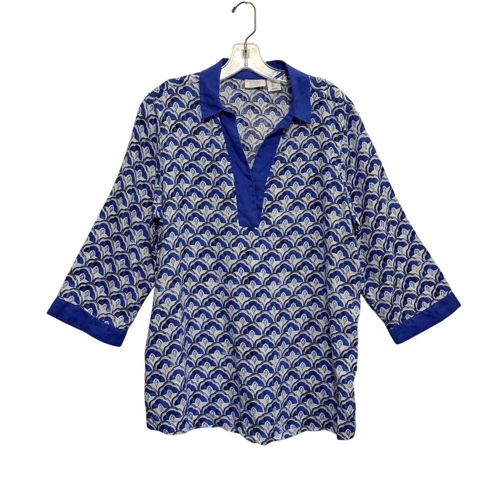 Sigrid Olsen 3/4 Sleeve Collared Linen Pullover Top Blue White Womens Large